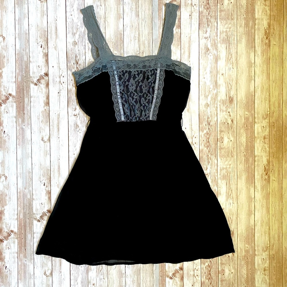 Black dress with grey/blue lace.